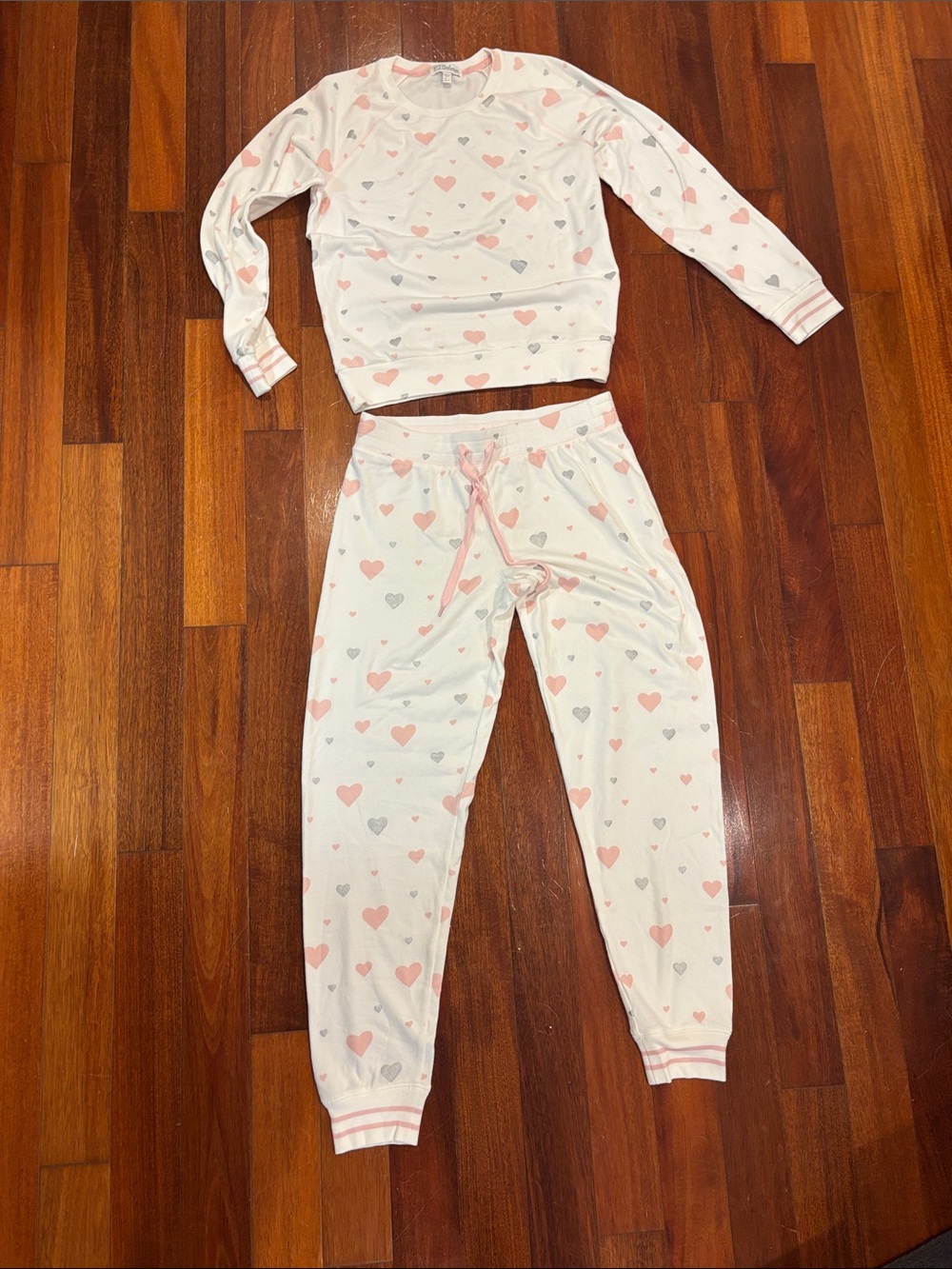 P.J. Salvage White Pajama Set with Pink and Gray Hearts